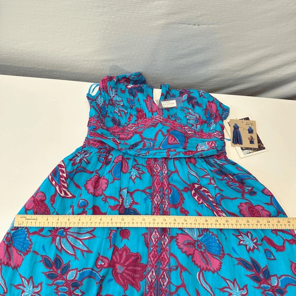 Caroline Constas Halter Fit Flare Smocked Maxi Dress XL Turquoise Gauze Cotton - Picture 8 of 16
